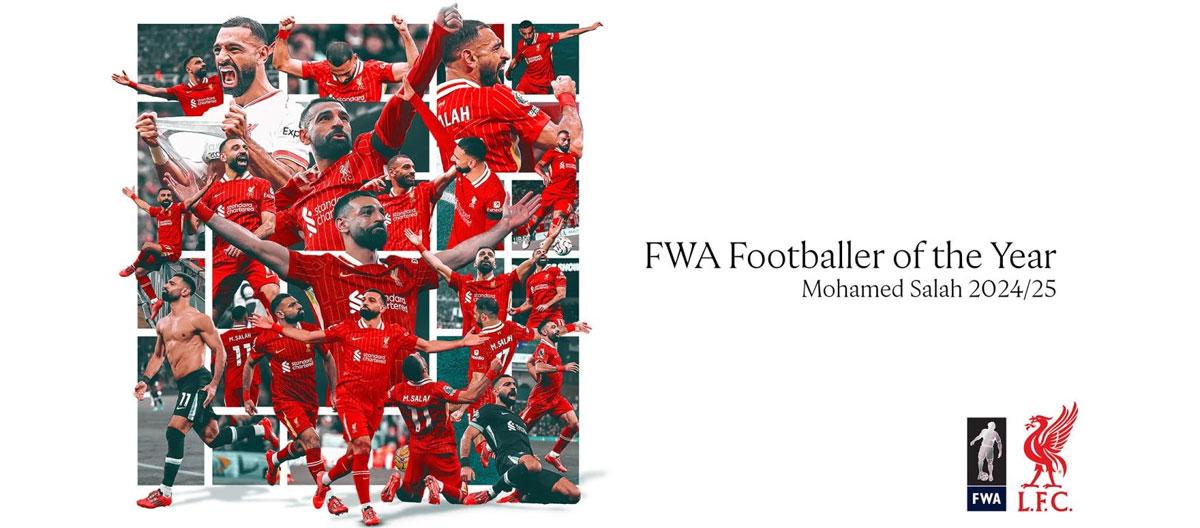 利物浦右边锋穆罕默德·萨拉赫荣膺足球新闻记者协会 (FWA) 年度最佳球员..