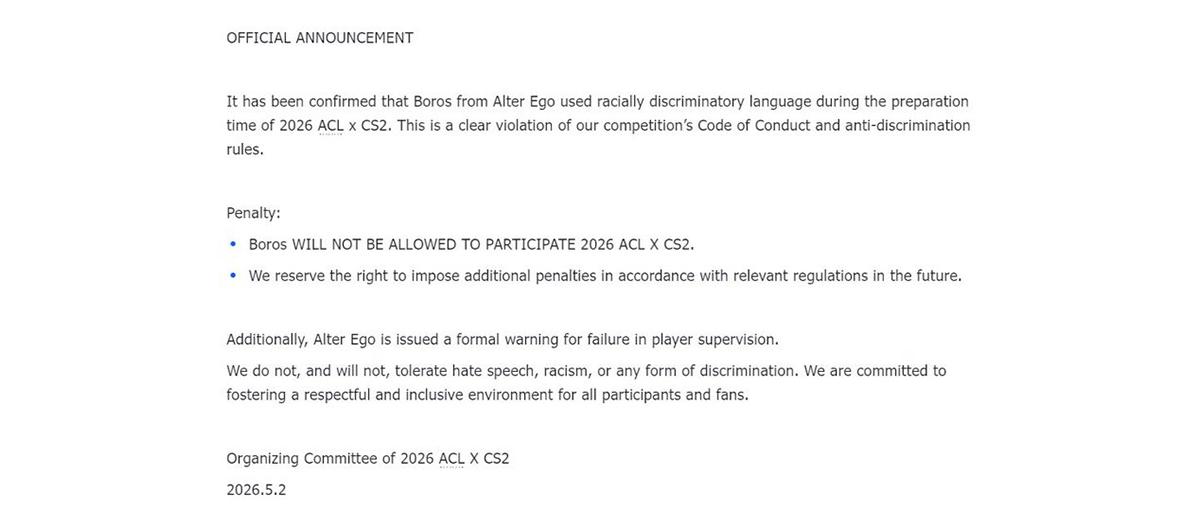 Boros, a rifleman from Alter Ego, is disqualified from CAC 2026 due to his racist remarks.