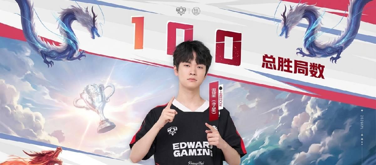 Shanghai EDG.M player Meteor achieves his 100th victory in the KPL arena.